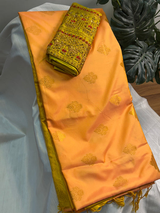 Peach Soft Silk Saree With Work Blouse Combo