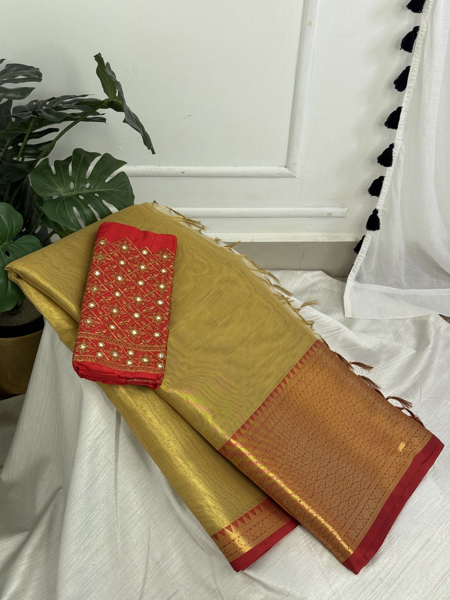 Golden Red Tissue Saree with Work Blouse Combo