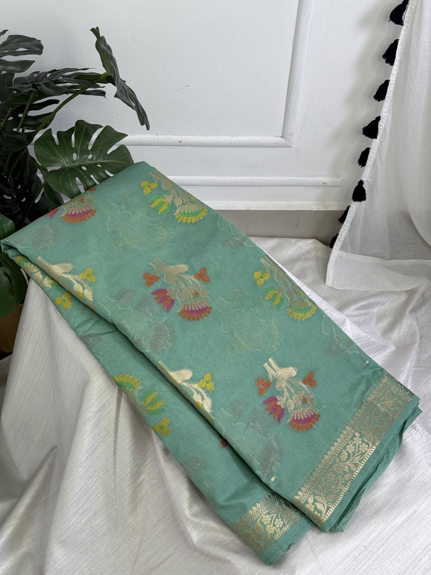 Rama Green Semi Chinnia Silk Saree