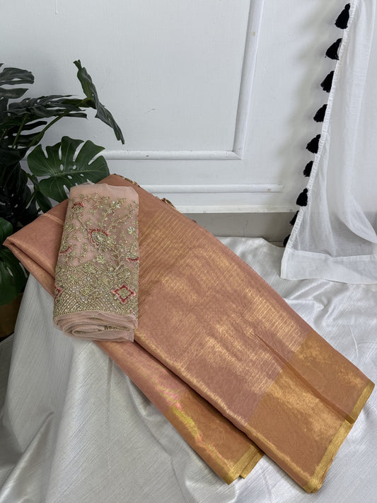 Light Pink Tissue Saree with Work Blouse Combo