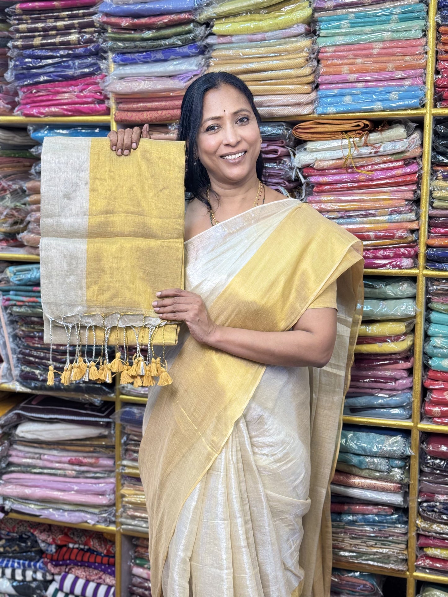Golden Biege Dual Plain Tissue Saree