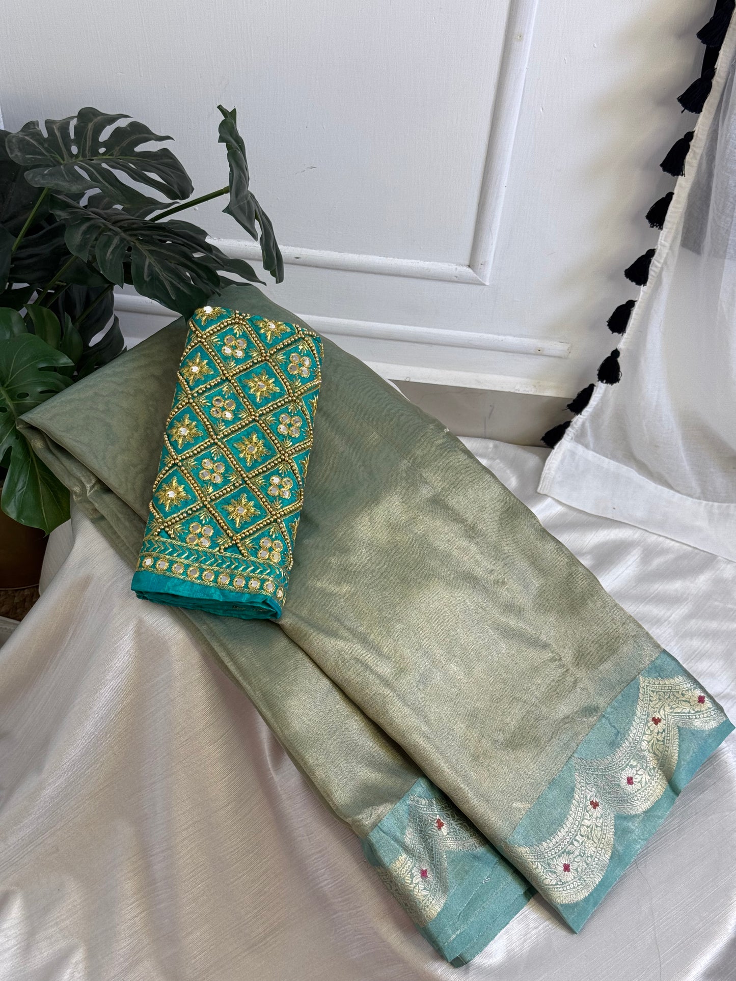Rama Green  Tissue Saree with Work Blouse