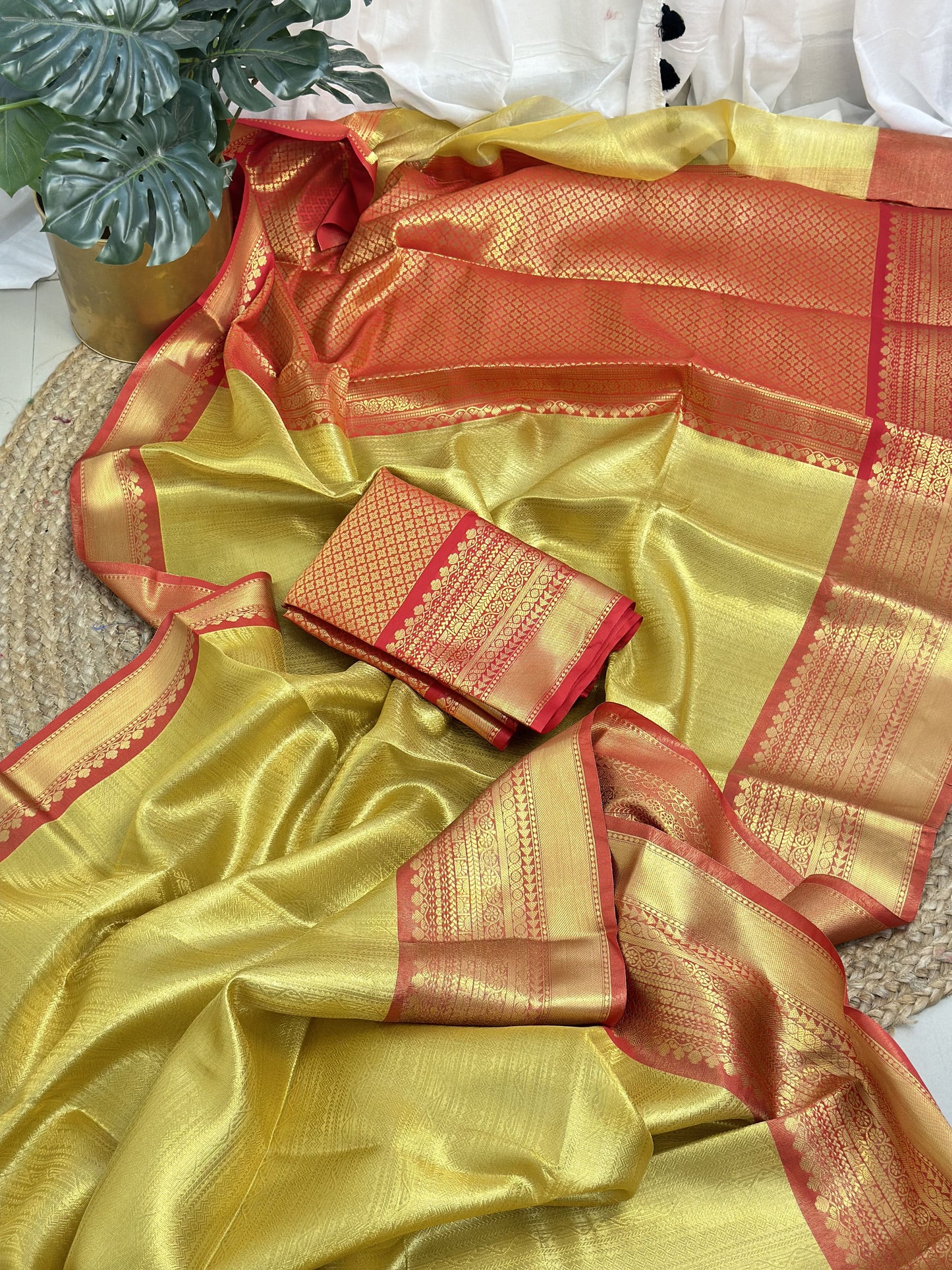 Golden Red Tissue Saree with Work Blouse Combo