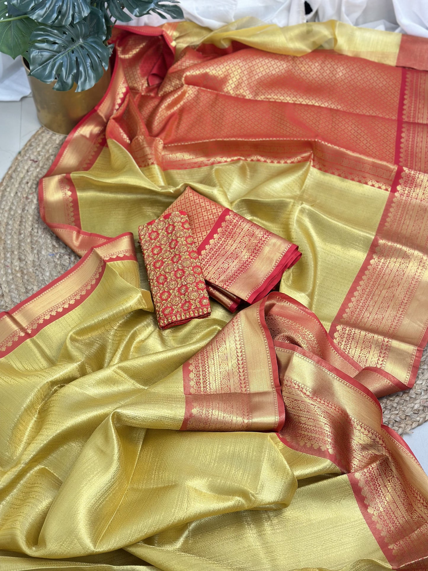Golden Red Tissue Saree with Work Blouse Combo