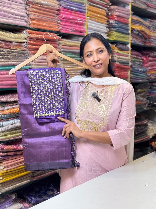 Purple Mangalgiri Plain Silk Saree with Stitched Blouse