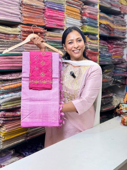 Pink Mangalgiri Plain Silk Saree with Stitched Blouse