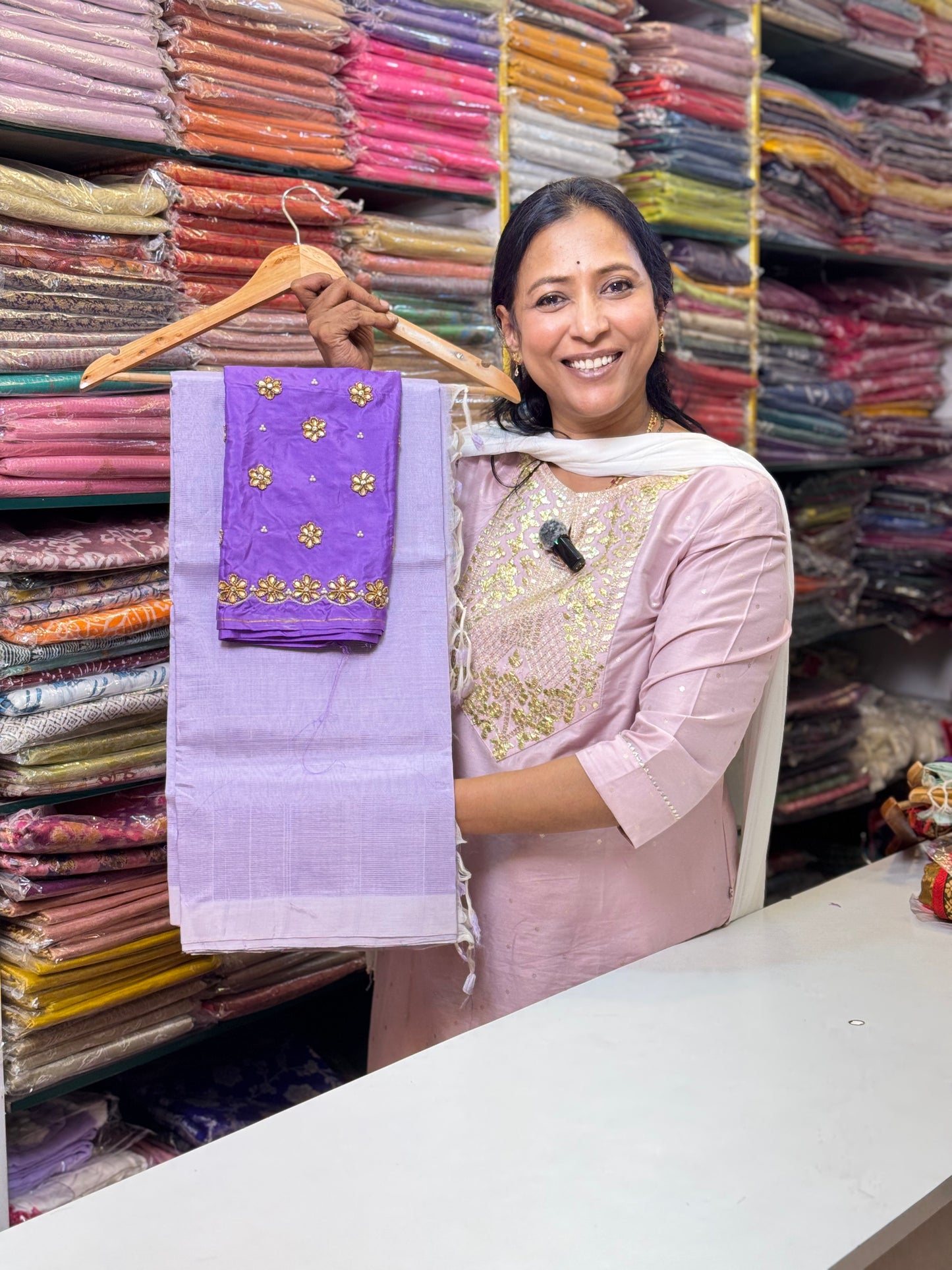 Lavender Mangalgiri Plain Silk Saree with  Blouse