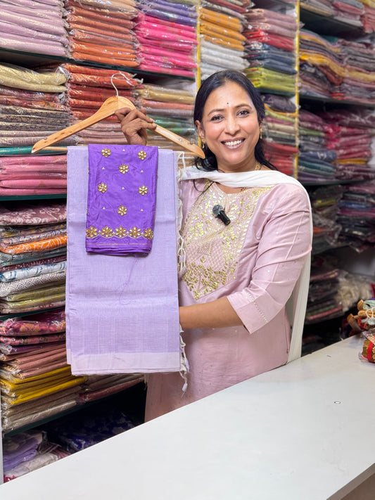 Lavender Mangalgiri Plain Silk Saree with  Blouse