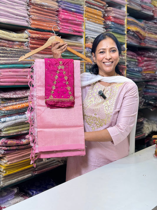Light Pink  Mangalgiri Plain Silk Saree with  Blouse