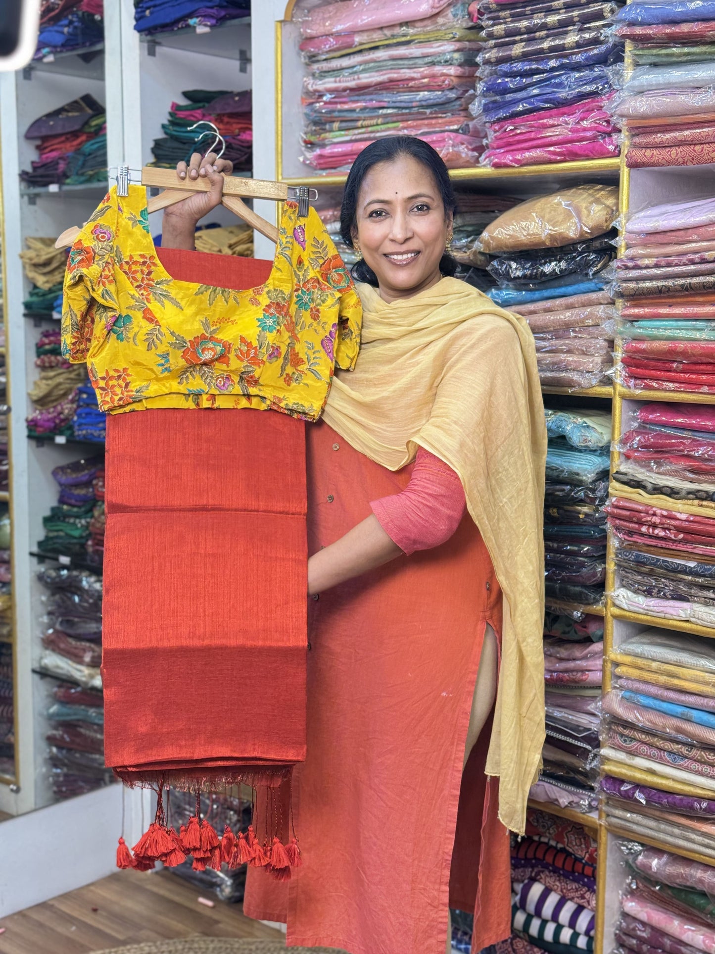 Red Plain Khadi Tissue Saree with Stitched Blouse