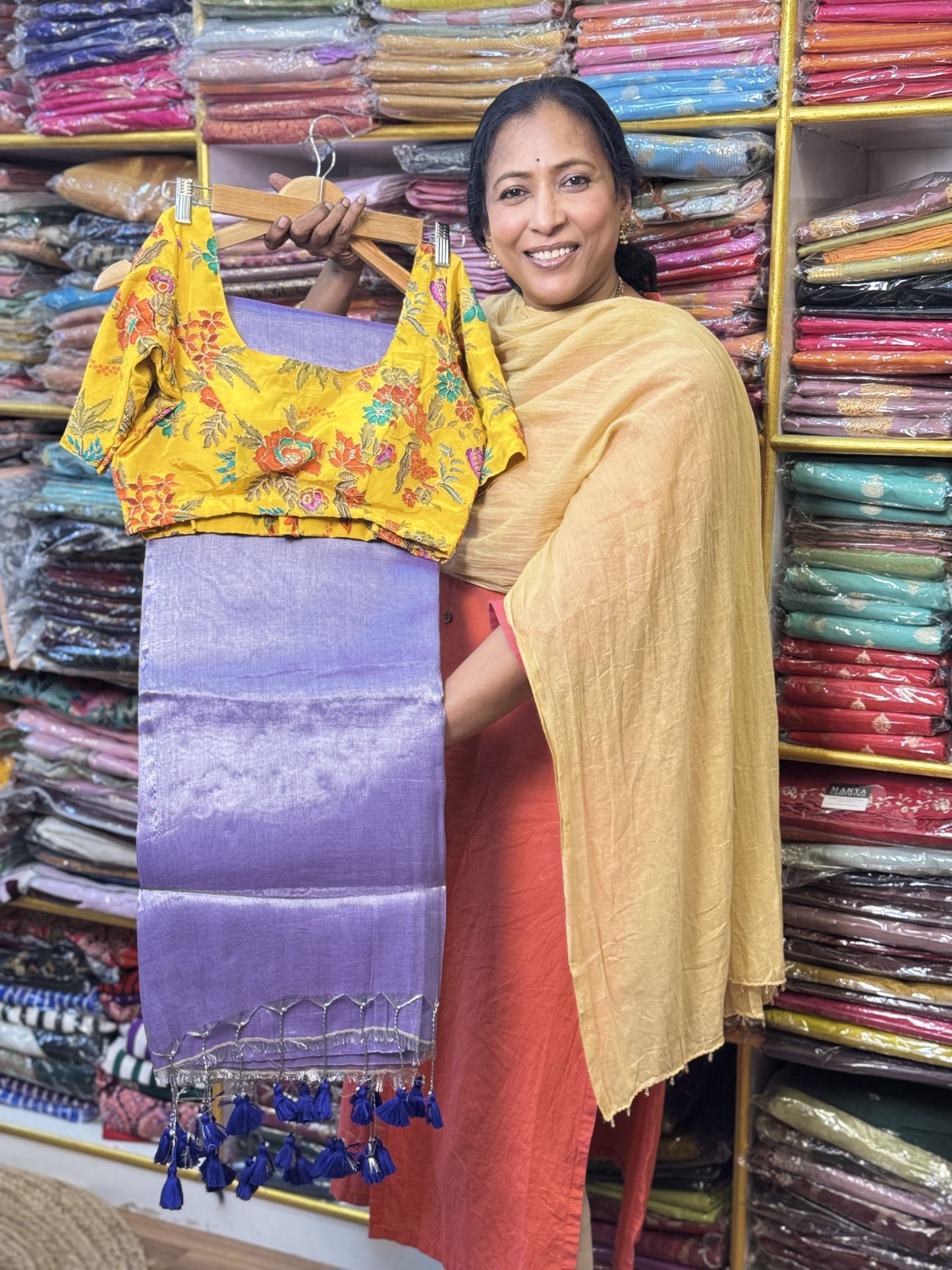 Silver Lavendar Plain Khadi Tissue Saree with Stitched Blouse