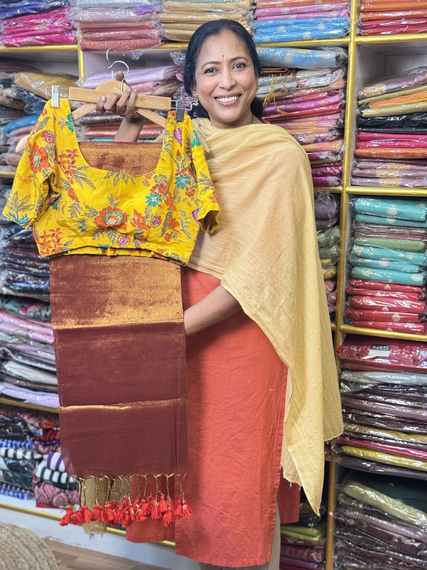 Orange Plain Khadi Tissue Saree with Stitched Blouse
