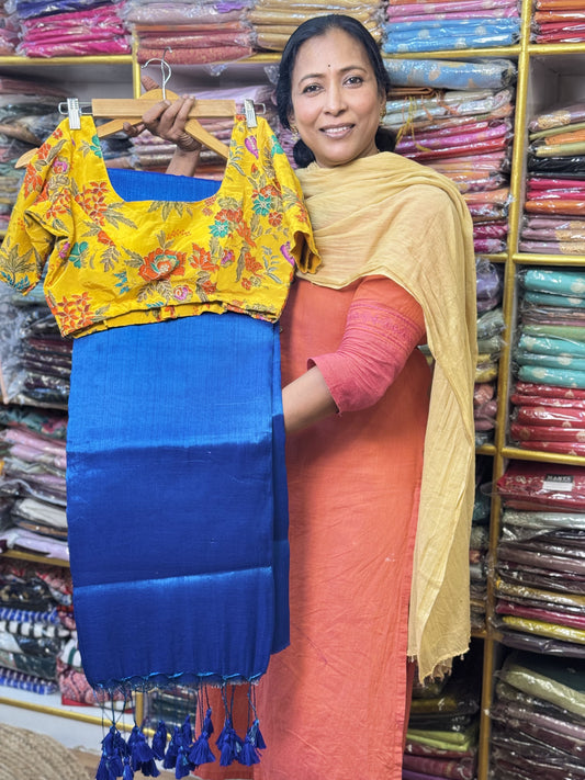 Peacock Blue Plain Khadi Tissue Saree with Stitched Blouse