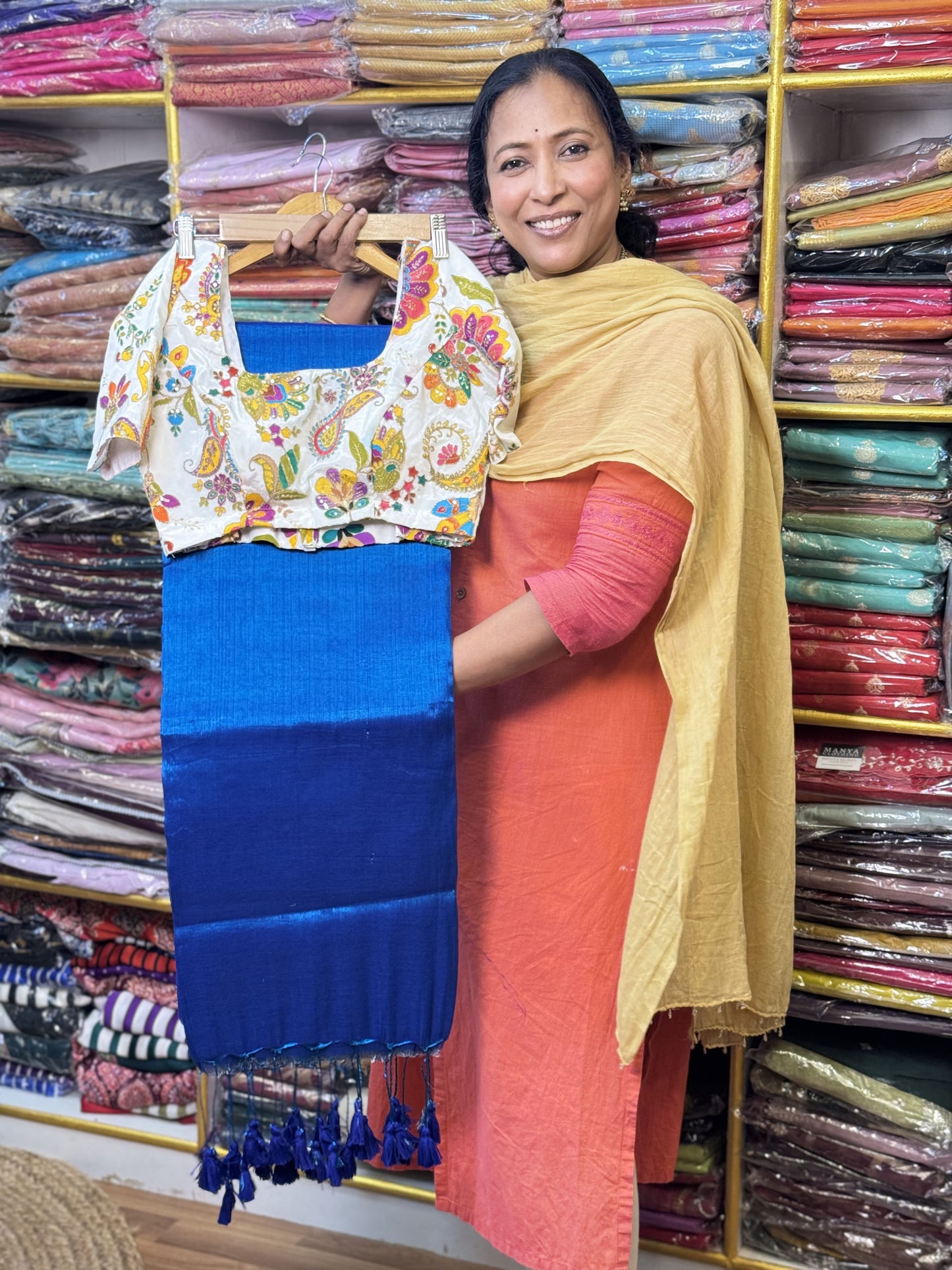 Peacock Blue Plain Khadi Tissue Saree with Stitched Blouse