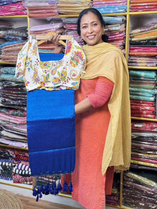 Peacock Blue Plain Khadi Tissue Saree with Stitched Blouse