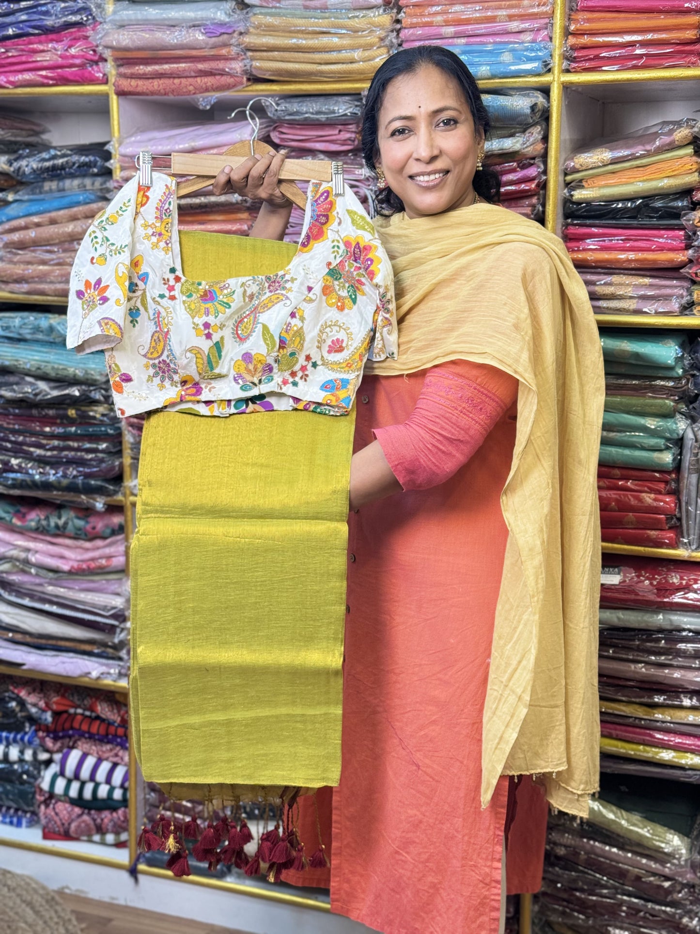 Lime Green Plain Khadi Tissue Saree with Stitched Blouse