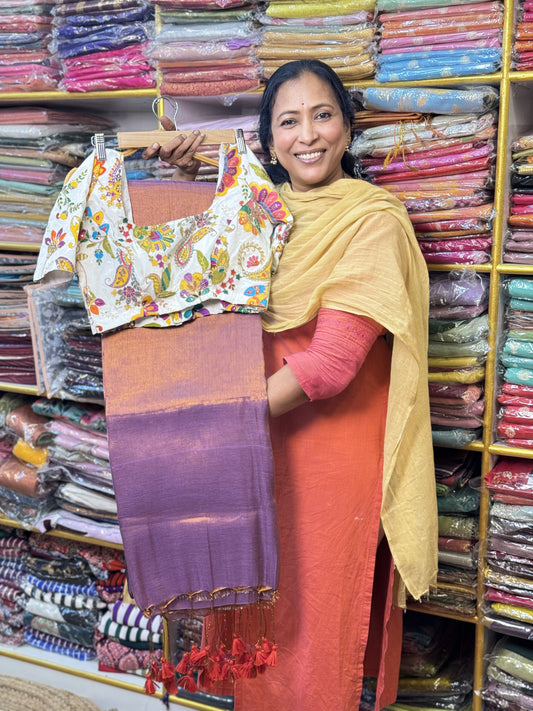 Light Lavendar Plain Khadi Tissue Saree with Stitched Blouse