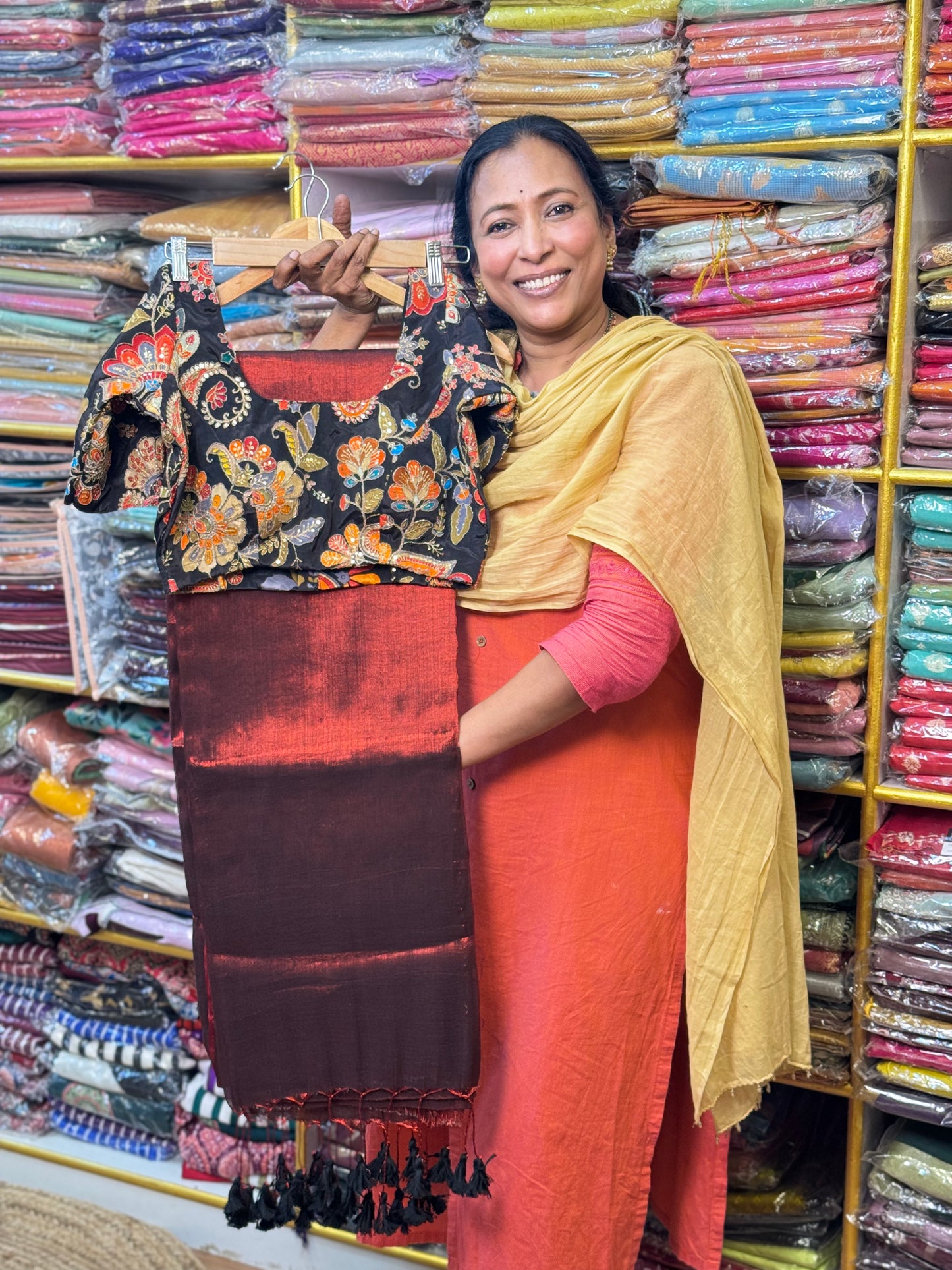 Maroon Plain Khadi Tissue Saree with Stitched Blouse