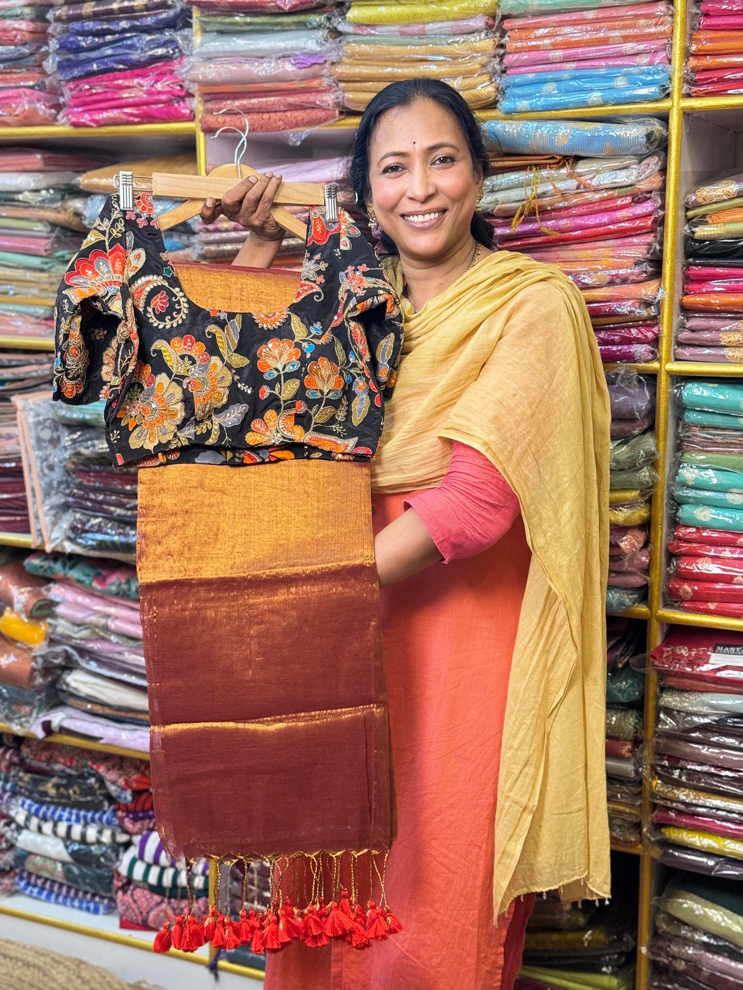 Golden Red Plain Khadi Tissue Saree with Stitched Blouse