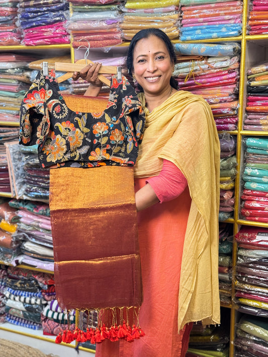 Golden Red Plain Khadi Tissue Saree with Stitched Blouse