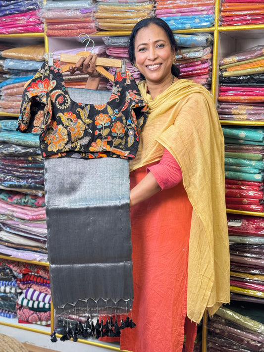 Grey Plain Khadi Tissue Saree with Stitched Blouse