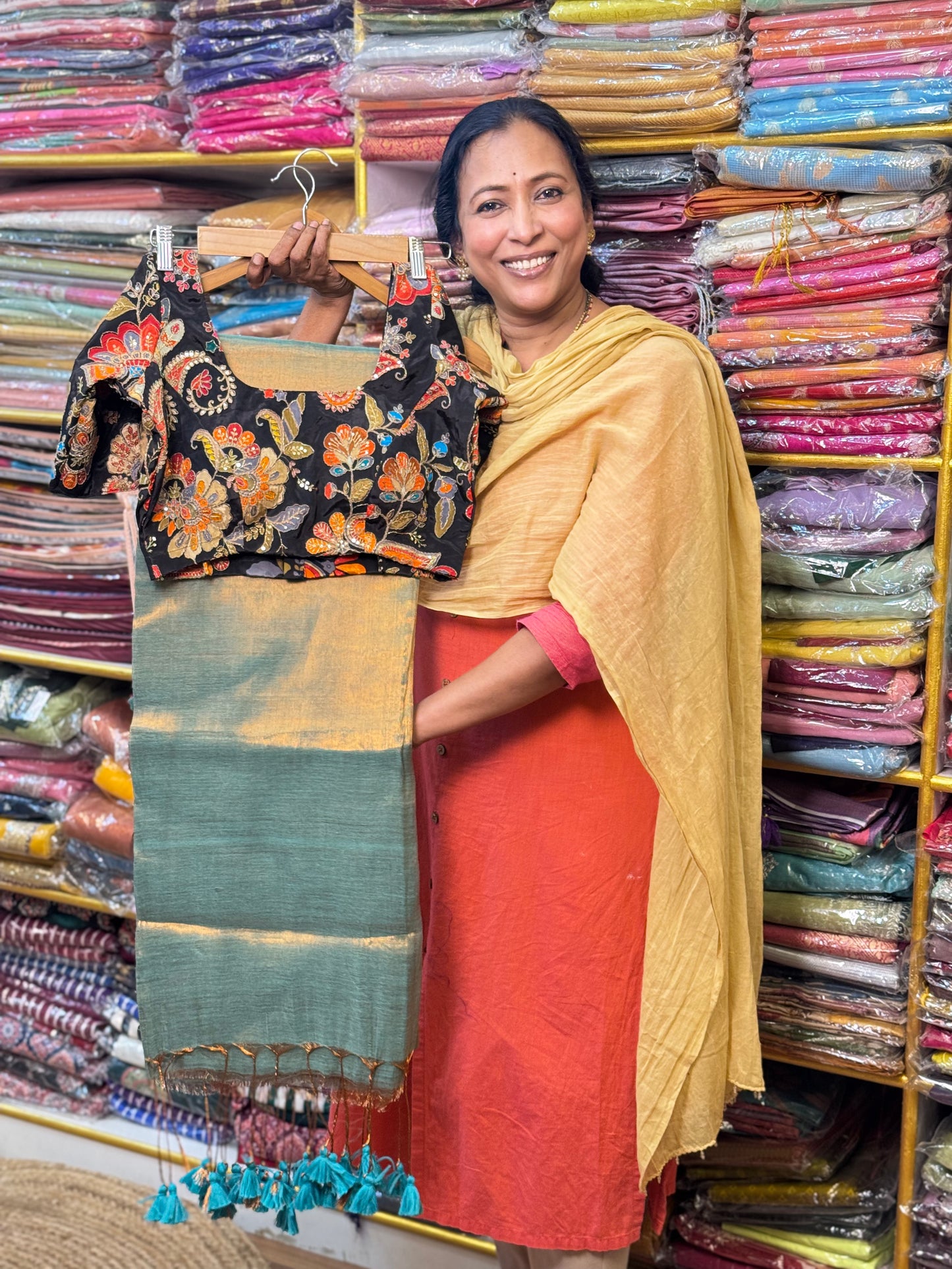 Copper Rama Green Plain Khadi Tissue Saree with Stitched Blouse
