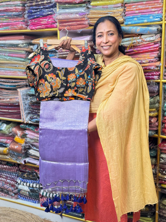 Lavender Plain Khadi Tissue Saree with Stitched Blouse