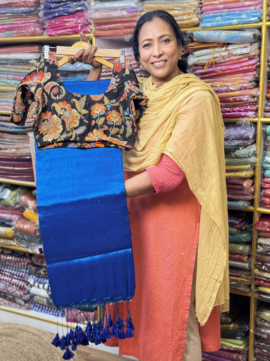 Peacock Blue Plain Khadi Tissue Saree with Stitched Blouse