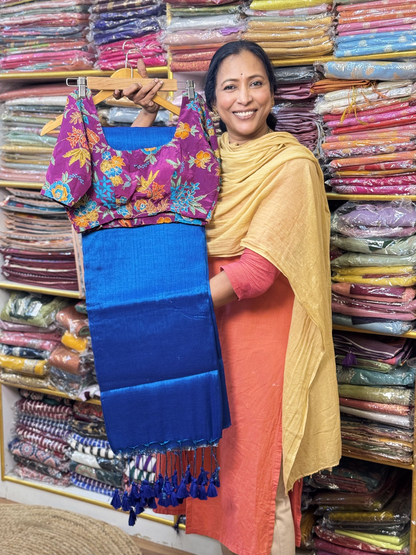 Peacock Blue Plain Khadi Tissue Saree with Stitched Blouse