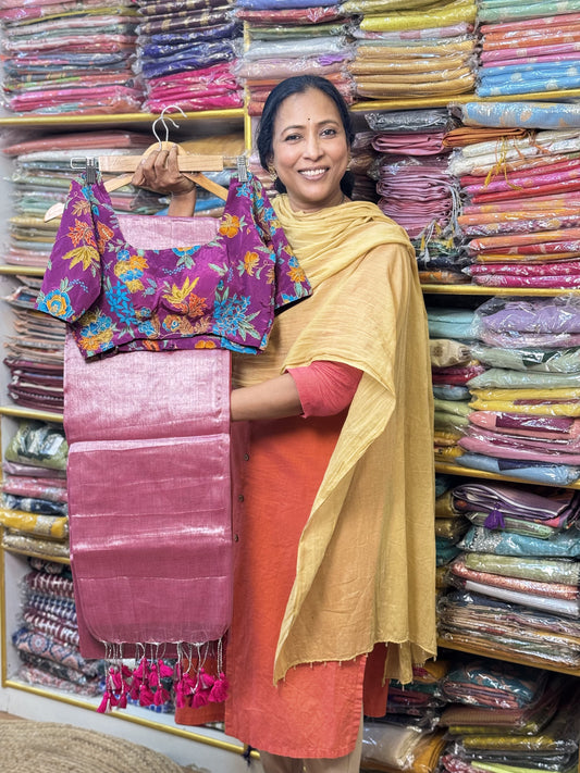 Light Pink Plain Khadi Tissue Saree with Stitched Blouse