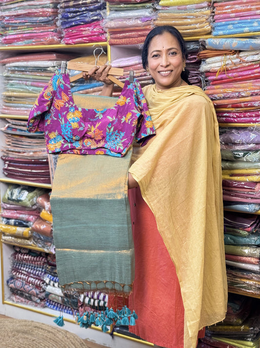 Copper Rama Green Plain Khadi Tissue Saree with Stitched Blouse