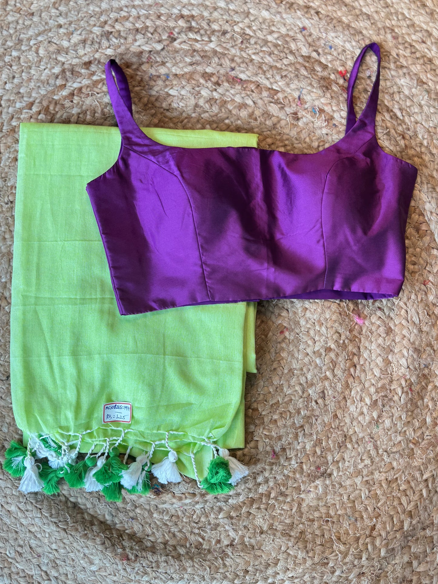 Lightgreen Khadi Cotton Saree with Sleeveless Blouse Combo