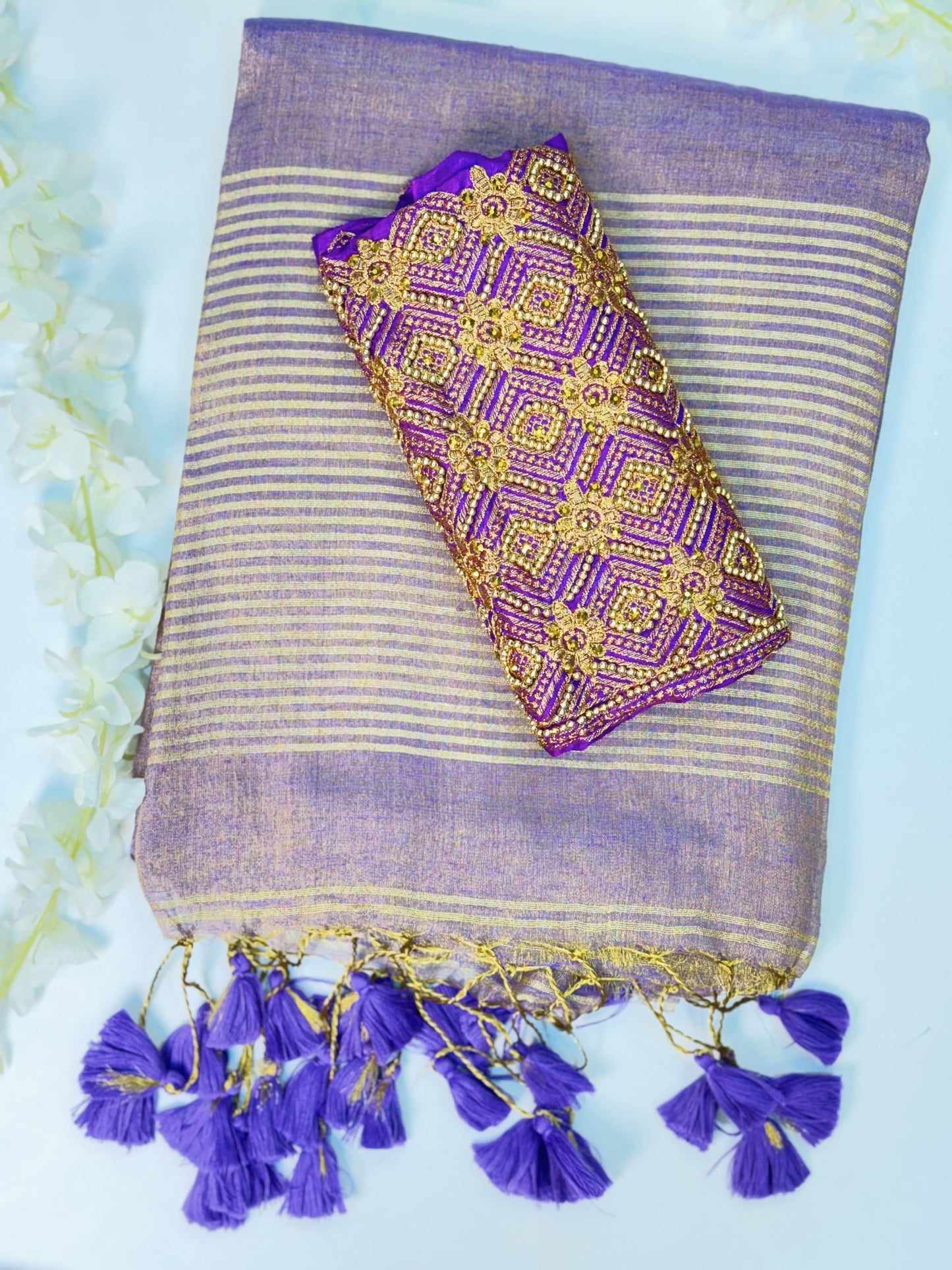 Purple Linen Tissue Saree with Work Blouse