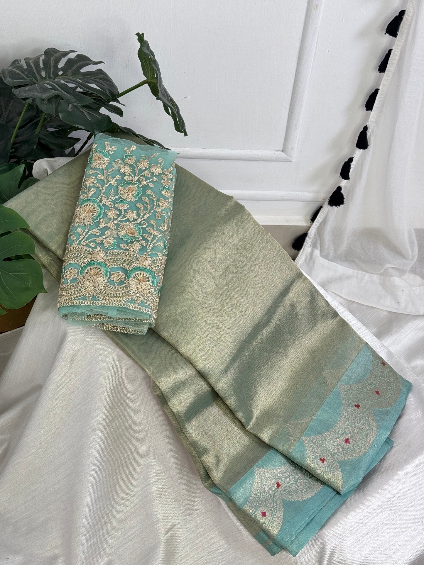 Rama Green Tissue Saree with Work Blouse