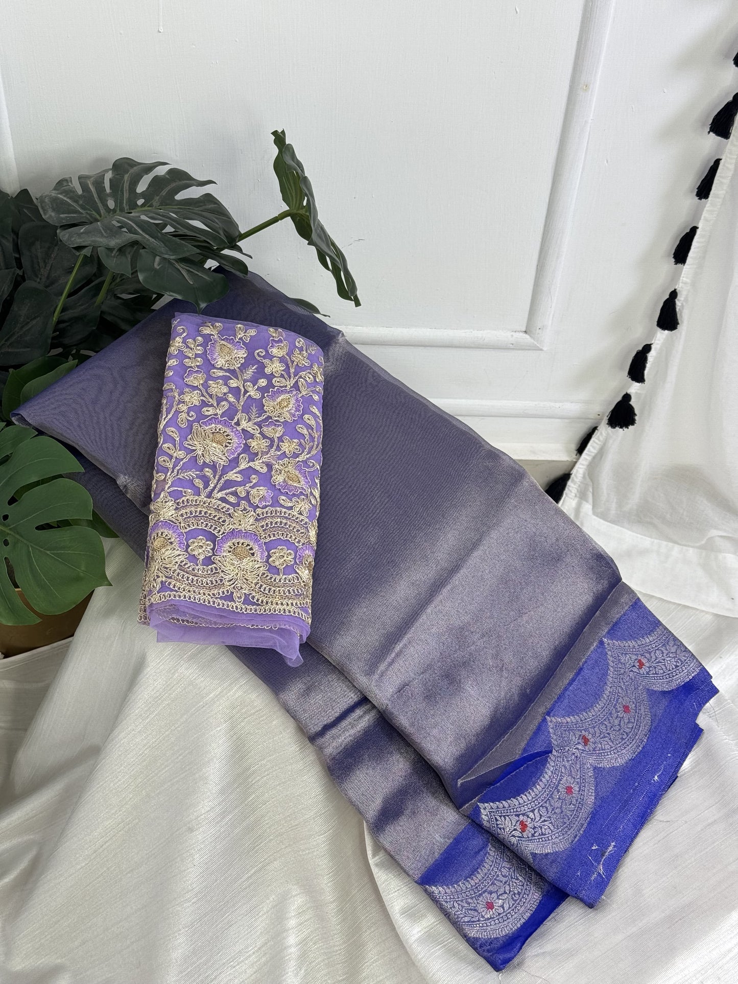 Blue Tissue Saree with Work Blouse Combo