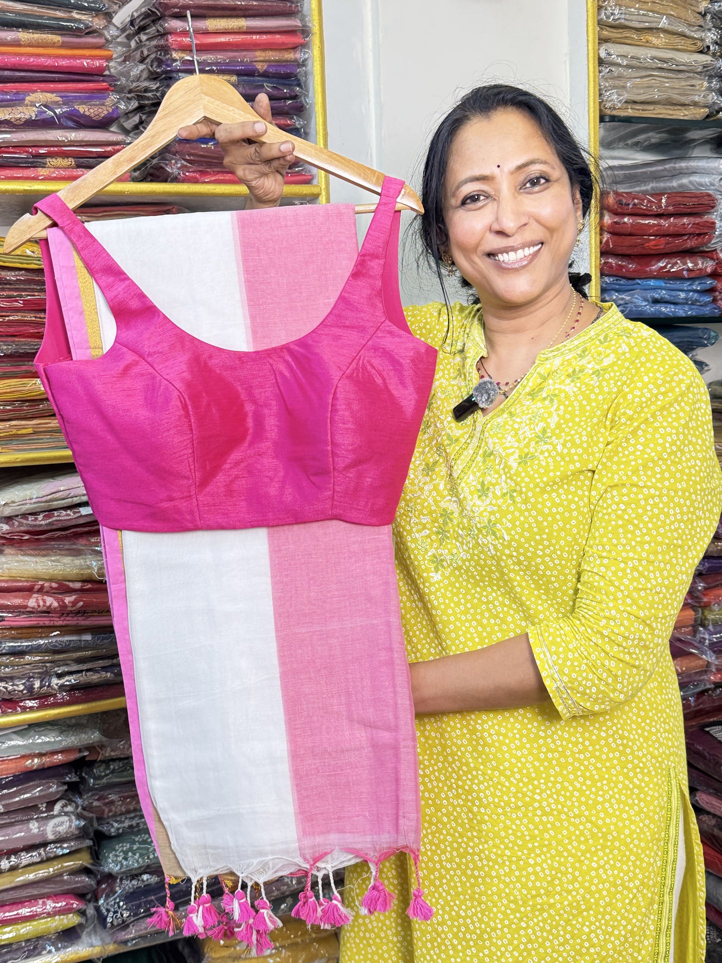 White with Pink Pure Mul Cotton Saree with Sleeveless Blouse Combo