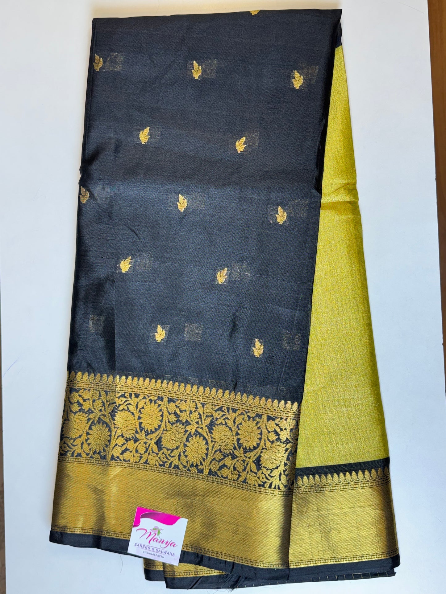 Black with Lime Green Half & Half Tissue Saree