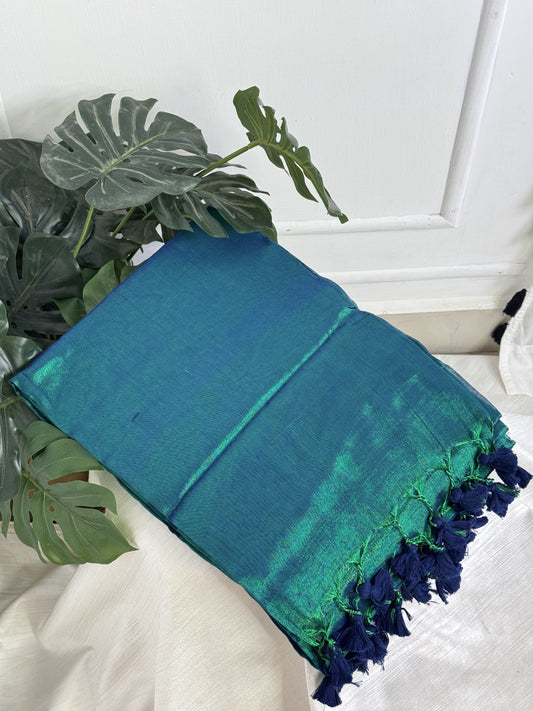 Peacock Green Navy Blue tassel Plain Tissue Saree