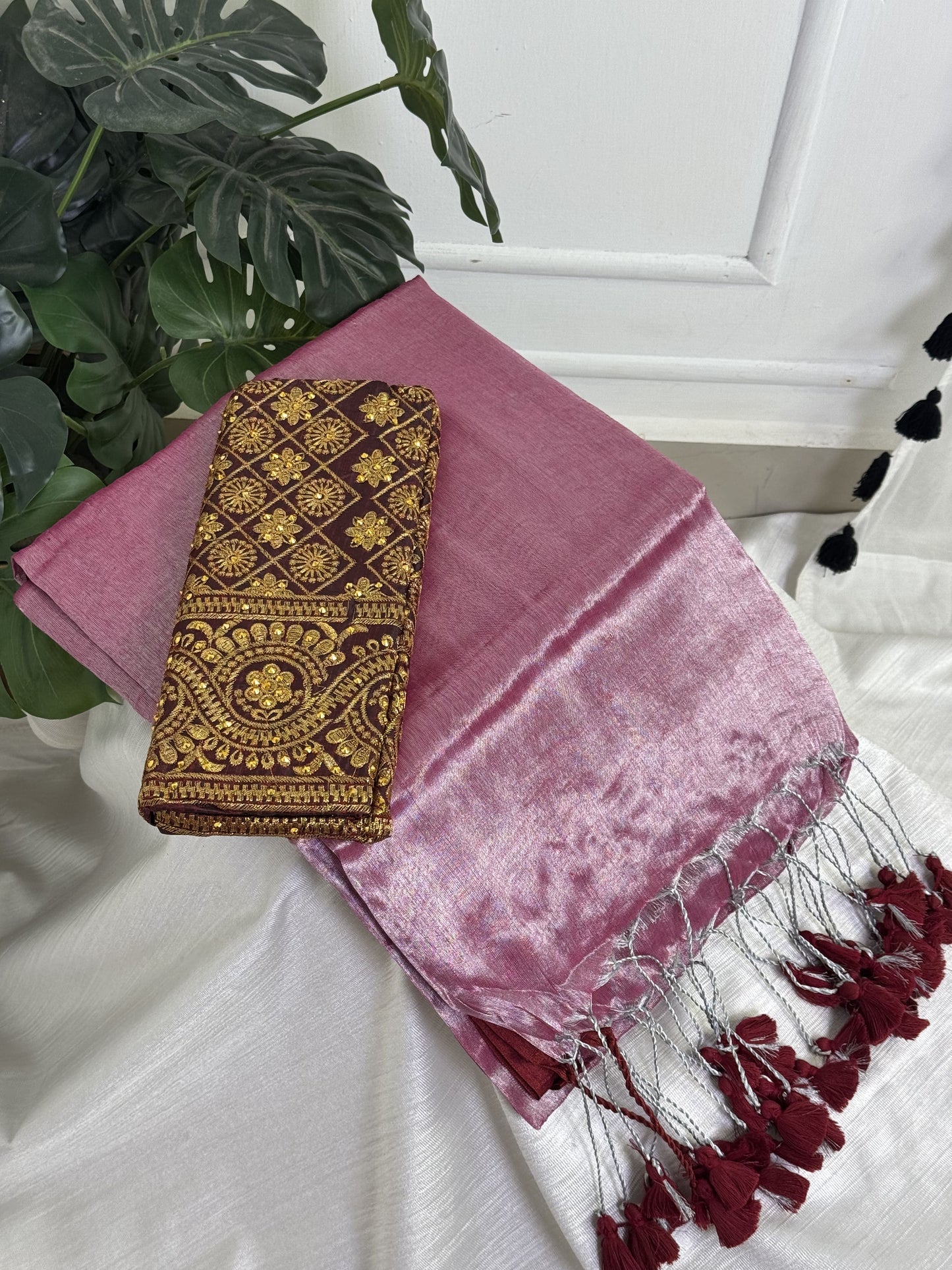 Silver Pink Plain Tissue Saree with Work Blouse Combo