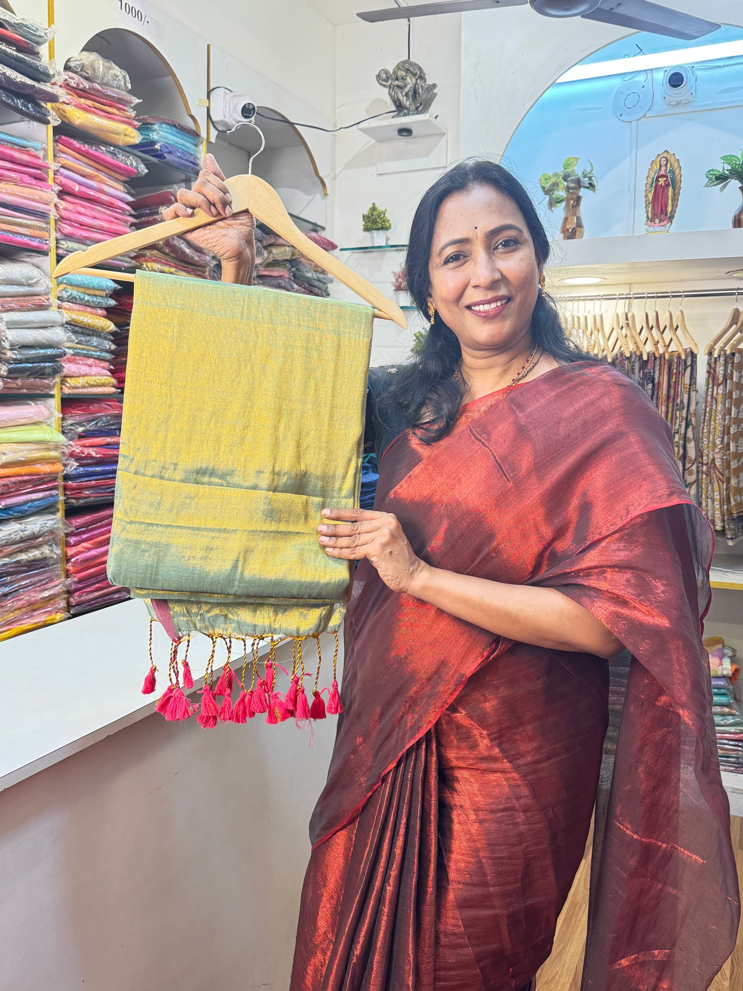 Rama Green, Pink Tassels Plain Khadi Tissue Saree