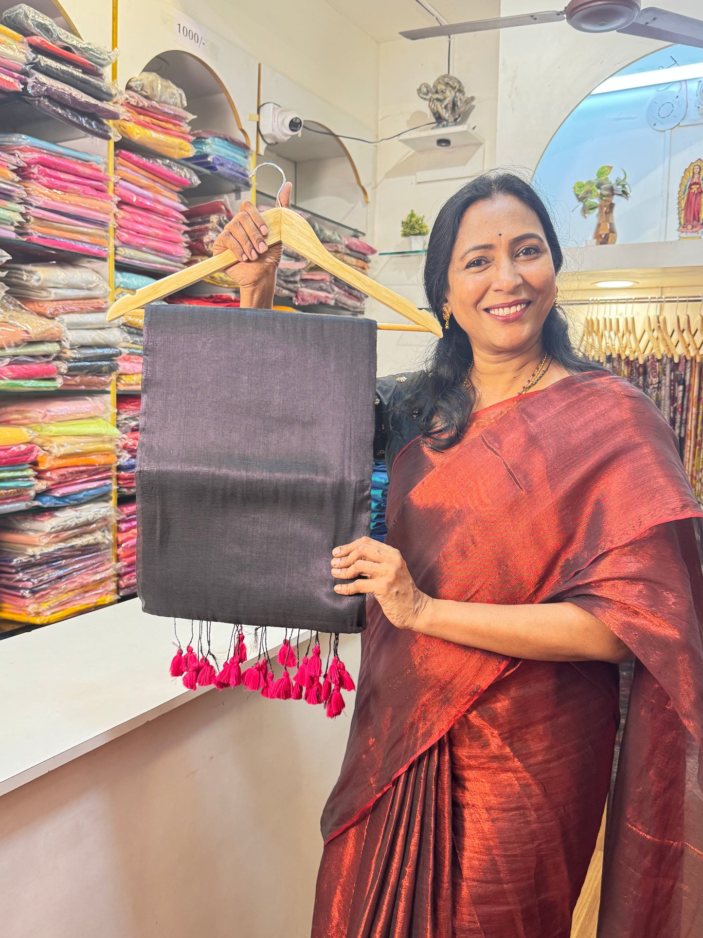 Black, Pink Tassels Plain Khadi Tissue Saree