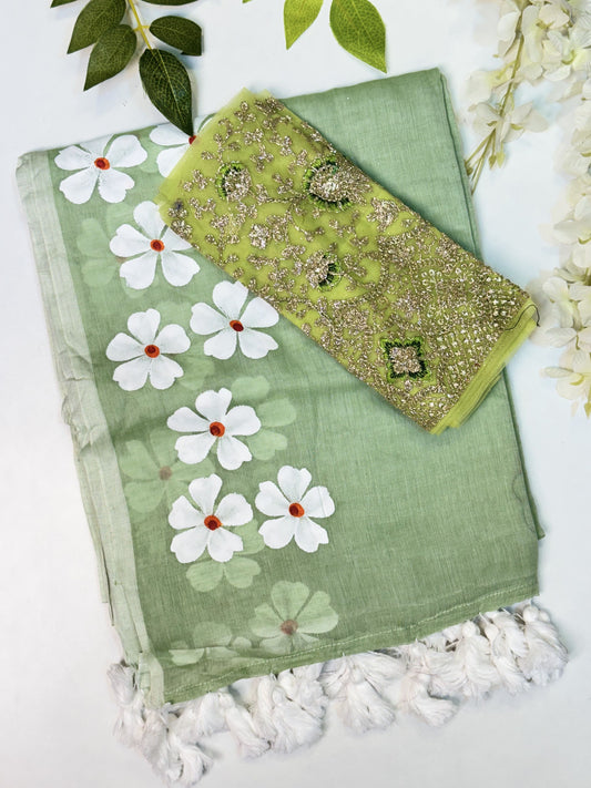Pastel Green Mulcotton Saree with Blouse Combo