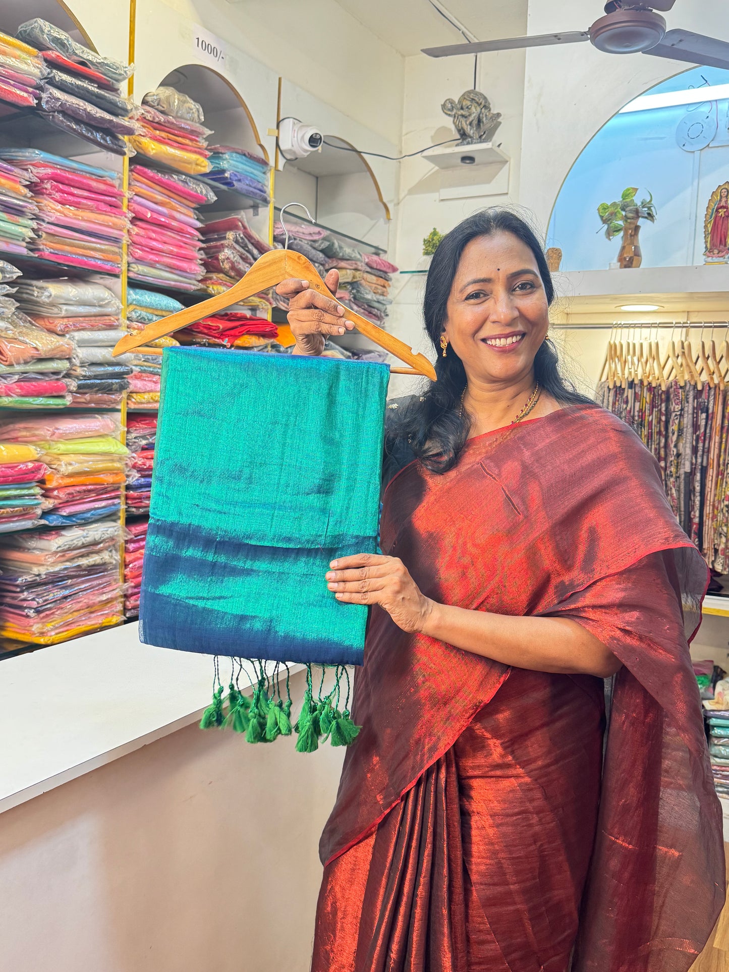 Peacock Green, Green Tassels Plain Khadi Tissue Saree