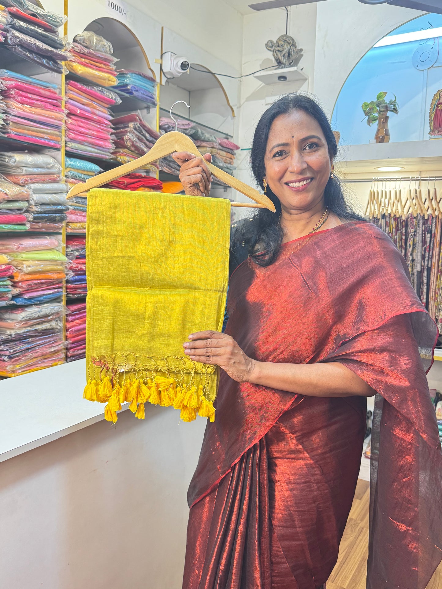 Lime Yellow, Yellow Tassels Plain Khadi Tissue Saree