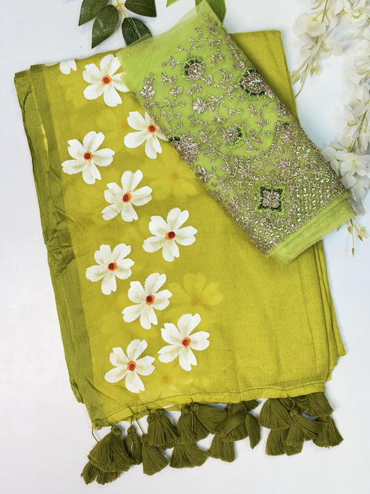 Light Green Mulcotton Saree with Blouse Combo