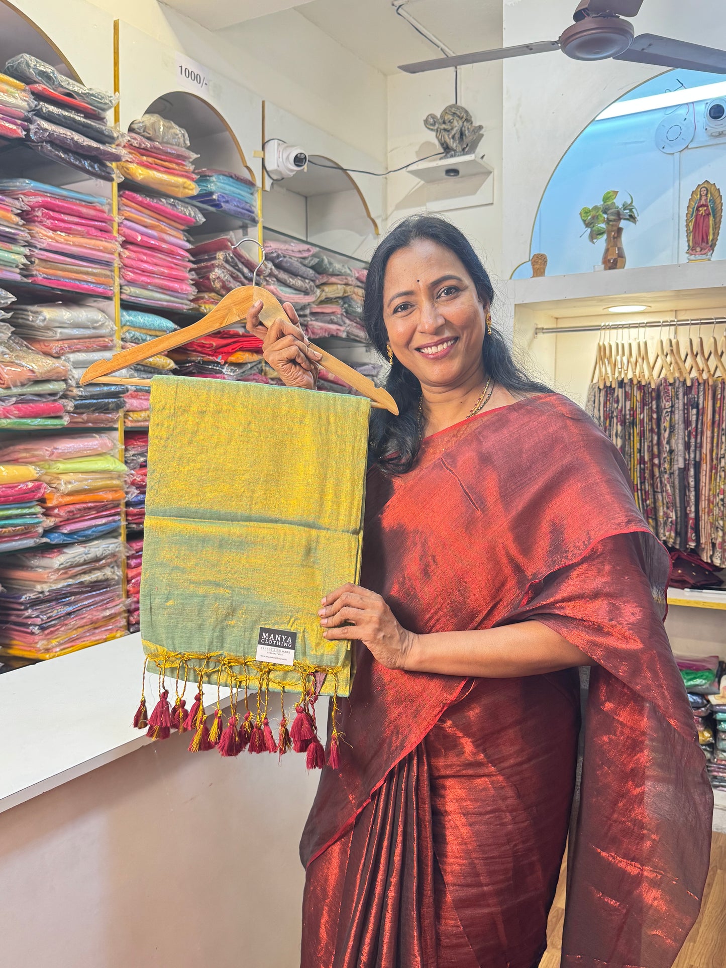Rama Green, Maroon Tassels Plain Khadi Tissue Saree
