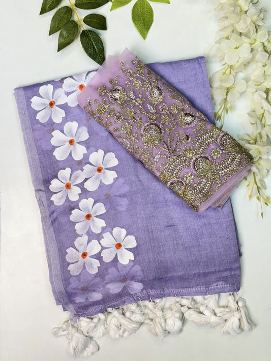 Lavendar Mulcotton Saree with Blouse Combo