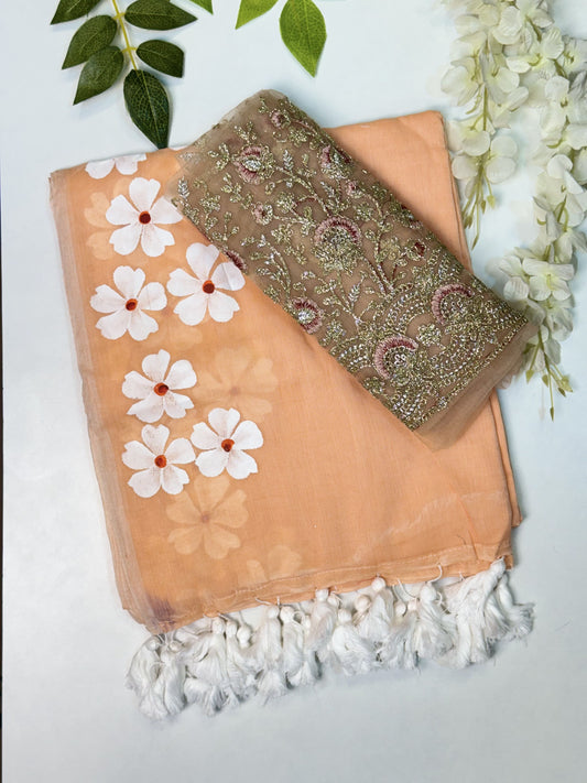 Peach Mulcotton Saree with Blouse Combo