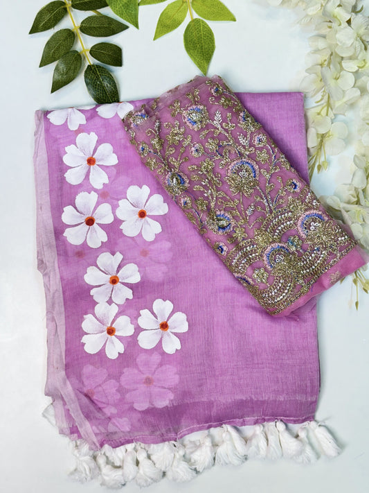 Pink Mulcotton Saree with Blouse Combo