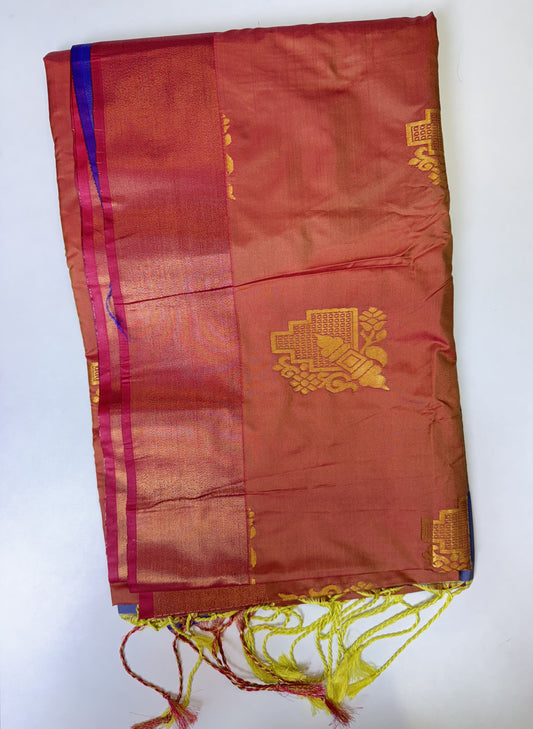 Coral with Slate Blue Soft Silk Saree
